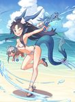  ;d andromeda_(p&amp;d) beach bikini black_hair blue_eyes breasts carrying day dragon_girl dragon_tail head_fins highres karin_(p&amp;d) long_hair multiple_girls ocean one_eye_closed open_mouth outdoors puzzle_&amp;_dragons sandals small_breasts smile swimsuit tail water water_gun white_bikini yellowpaint. 