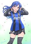  arms_up artist_name black_legwear blue_hair blush commentary confetti fc_internazionale_milano flat_chest hair_flip idolmaster idolmaster_(classic) inoue_sora italy kisaragi_chihaya long_hair long_sleeves nike open_mouth purple_eyes revision serie_a shorts signature soccer soccer_uniform solo sportswear sweat thighhighs 