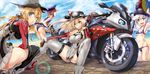  :d bad_id bad_pixiv_id ball beach beachball bikini bismarck_(kantai_collection) black_legwear blonde_hair blue_bikini blue_eyes blue_sky bmw cloud commentary_request day detached_sleeves german_clothes green_eyes grey_legwear groin ground_vehicle hat highres kantai_collection long_hair looking_at_viewer military military_hat military_uniform motor_vehicle motorcycle multiple_girls navel ocean one-piece_swimsuit open_mouth outdoors parted_lips pleated_skirt prinz_eugen_(kantai_collection) satou_daiji short_hair sitting skirt sky smile squatting swimsuit teeth thighhighs twintails uniform z1_leberecht_maass_(kantai_collection) z3_max_schultz_(kantai_collection) 