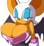  1girl apostle blue_eyes breasts cleavage huge_breasts lips looking_at_viewer photoshop rouge_the_bat sega simple_background solo sonic_the_hedgehog wings 