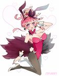  animal_ears bow bowtie breasts bunny_ears bunnysuit cleavage crown disgaea fur_trim heart heart_background high_heels makai_senki_disgaea_5 pantyhose pink_hair pointy_ears ponytail purple_eyes scottish09 seraphina_(disgaea) simple_background solo wrist_cuffs 