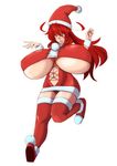  1girl aeon708 breasts corset gigantic_breasts kyoui-san red_hair santa_hat simple_background solo underboob zettai_ryouiki 