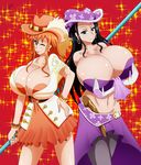  2girls breasts cleavage gigantic_breasts hat multiple_girls nami_(one_piece) nico_robin one_piece oxdarock simple_background smile weapon wink 