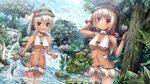  breasts brown_eyes dark_skin fish hat kokage_(next_nest) medium_breasts multiple_girls original personification ponytail river side_ponytail silver_hair small_breasts tail underboob wading 