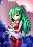  checkered checkered_background checkered_pants checkered_vest clenched_teeth green_hair highres kazami_yuuka kazami_yuuka_(pc-98) parasol red_eyes solo teeth touhou touhou_(pc-98) umbrella vest z.o.b 