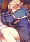  bed blonde_hair blush braid breasts breasts_outside closed_eyes coat colored_eyelashes comiket_88 commentary_request cross-laced_clothes dungeon_meshi elf fantasy hair_over_eyes long_hair marcille medium_breasts no_bra pillow pointy_ears sleeping soine solo suggestive_fluid sweat thighs twin_braids underboob 