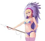  bare_shoulders bikini blonde_hair blue_bikini blue_eyes breasts cleavage hair_between_eyes hand_on_hip headdress hidezi medium_breasts native_american_headdress navel polearm short_hair simple_background smile solo spear swimsuit thighhighs underboob warbonnet weapon 