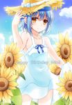  blue_hair brown_eyes dress flower hat kurose_yuuki little_busters! nishizono_mio short_hair smile solo sunflower 
