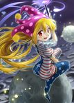  american_flag_dress american_flag_legwear baijiin_poison blonde_hair clownpiece dress fairy_wings hat jester_cap long_hair looking_at_viewer looking_back moon open_mouth red_eyes smile solo star striped striped_dress striped_legwear thighhighs torch touhou very_long_hair wings 