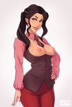  asami_sato avatar_(series) breastless_clothes breasts business_suit downscaled_revision eyeshadow formal green_eyes grin hand_on_hip long_hair makeup md5_mismatch medium_breasts nipples owler pants parted_lips resized smile solo suit the_legend_of_korra upscaled 
