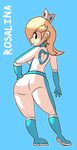  1girl ass biker_clothes bikesuit blonde_hair crown earrings gloves hair_over_one_eye heart huge_ass jewelry looking_at_viewer looking_back mario_kart racing_suit rosalina_(mario) rosetta_(mario) simple_background smile solo super_mario_bros. super_mario_galaxy 