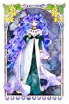  art_nouveau bishoujo_senshi_sailor_moon blue_eyes blue_hair cape choker crescent detached_sleeves double_bun dress earrings flower forehead_jewel frame full_body hand_on_own_chest ink_(medium) jewelry long_dress long_hair nehelenia_(sailor_moon) nib_pen_(medium) no_nose pale_skin pointy_ears riina slit_pupils solo traditional_media very_long_hair watercolor_(medium) 