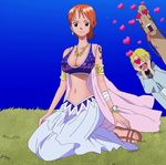  1boy 1girl alabasta animal bandage bare_shoulders blonde_hair bracelet breasts camel cigarette cleavage earrings eyelashes_(one_piece) hair_over_one_eye heart jewelry log_pose looking_at_viewer midriff nami_(one_piece) navel one_piece open_mouth orange_hair sandals sanji screencap short_hair simple_background stitched tattoo toes 
