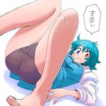  aono3 ass barefoot black_panties blue_eyes blue_hair bright_pupils eyebrows from_below heterochromia highres knees_together_feet_apart long_sleeves looking_at_viewer lying no_pants on_back panties red_eyes short_hair solo speech_bubble tatara_kogasa thick_eyebrows touhou underwear 