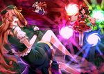  :o battle blonde_hair blue_eyes bow broom broom_riding brown_hair chinese_clothes danmaku dress e.o. fantasy_seal fingerless_gloves gloves gohei hair_bow hair_ribbon hair_tubes hakurei_reimu hat hong_meiling kirisame_marisa large_bow long_hair midriff multiple_girls navel ribbon short_hair touhou v-shaped_eyebrows very_long_hair witch_hat yellow_eyes 