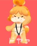  animal_crossing artist_request blonde_hair blush dog doubutsu_no_mori eyes_closed furry lingere long_hair ponytail shizue shizue_(doubutsu_no_mori) simple_background smile solo 