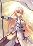  armor bare_shoulders blonde_hair braid breasts fate/apocrypha fate/grand_order fate_(series) flag hair_down headpiece highres impossible_clothes impossible_shirt jeanne_d'arc_(fate) jeanne_d'arc_(fate)_(all) large_breasts long_hair purple_eyes qnakamura shirt solo sword very_long_hair weapon 