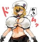  black_gloves black_skirt blonde_hair blush breasts bursting_breasts character_request covered_nipples eyepatch gloves groin hat large_breasts long_hair navel nose_blush purple_eyes sachito simple_background skirt solo surprised sweat white_background 