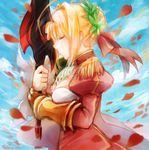  aestus_estus ahoge blonde_hair closed_eyes dress epaulettes fate/extra fate_(series) hair_intakes nero_claudius_(fate) nero_claudius_(fate)_(all) petals red_dress solo suzaku_(syoko975) sword weapon 