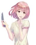  :d hair_between_eyes hidezi knife looking_at_viewer open_mouth pink_eyes pink_hair short_hair simple_background smile solo white_background 