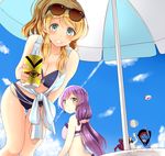  alien ayase_eli bikini blonde_hair blue_eyes can eyewear_on_head green_eyes long_hair looking_at_viewer love_live! love_live!_school_idol_project monster multiple_girls narushima_kanna ponytail purple_hair robot soda_can sunglasses swimsuit toujou_nozomi twintails umbrella 