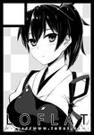  artist_name black_border blush border checkered checkered_background circle_cut commentary_request expressionless greyscale japanese_clothes kaga_(kantai_collection) kantai_collection kimono looking_at_viewer monochrome muneate prime ribbon short_hair side_ponytail simple_background solo tasuki upper_body watermark web_address 