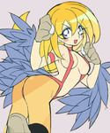  ass blonde_hair blue_eyes blush_stickers breasts claws cosplay dark_magician_girl duel_monster feathered_wings feathers harpie_lady harpy long_hair looking_at_viewer medium_breasts misaka_(missa) monster_girl open_mouth pantyhose solo wings yuu-gi-ou yuu-gi-ou_duel_monsters 