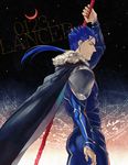  ame_(conronca) bad_id bad_pixiv_id blue_hair cape crescent_moon fate/stay_night fate_(series) gae_bolg lancer magic_circle male_focus moon polearm ponytail red_eyes solo spear weapon 