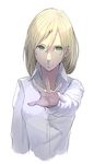  bad_id bad_pixiv_id blonde_hair dress_shirt foreshortening green_eyes hair_between_eyes hidezi looking_at_viewer outstretched_hand shirt simple_background smile solo white_background 