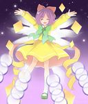  bad_id bad_pixiv_id bow closed_eyes danmaku dress ellipsis_(mitei) gradient gradient_background green_bow green_footwear hair_bow highres light_particles long_sleeves open_mouth purple_hair red_bow rengeteki shoes short_hair simple_background smile socks solo touhou touhou_(pc-98) white_legwear wings yellow_dress 