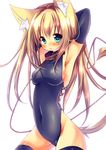  animal_ears aqua_eyes armpits arms_behind_head arms_up black_gloves black_legwear blonde_hair blush breasts cat_ears cat_tail collar covered_navel covered_nipples elbow_gloves gloves highleg highleg_leotard hikanyan leash leotard long_hair looking_at_viewer medium_breasts original solo tail thighhighs very_long_hair 