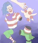  blue_hair buggy_the_clown clown cravat disembodied_limb dismembered gradient gradient_background long_hair male_focus one_piece ponytail sash shirt solo striped_legwear striped_shirt tongue two-tone_stripes 