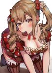  1girl bang_dream! blonde_hair blush breasts chocolate chocolate_heart commentary hair_ornament heart huge_breasts ichigaya_arisa long_hair looking_at_viewer mia_(fai1510) mouth_hold pantyhose ribbon solo tsundere twintails valentine x_hair_ornament 