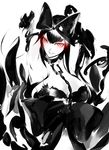  arms_behind_back arms_up black_bow black_hair bow breasts chain choker cleavage glowing glowing_eyes gothic_lolita grin hair_bow kantai_collection large_breasts lolita_fashion long_hair red_eyes seaplane_tender_hime shinkaisei-kan smile solo spikes tugmix white_skin 