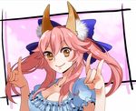 \m/ animal_ears breasts cleavage fate/extra fate_(series) fox_ears frilled_shirt frills hair_ribbon large_breasts pink_hair ribbon shiki_(sichukin) shirt solo tail tamamo_(fate)_(all) tamamo_no_mae_(fate) twintails yellow_eyes 
