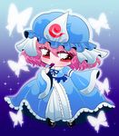  blush bow bug butterfly chibi fan folding_fan frilled_bow frills hat insect japanese_clothes long_sleeves mob_cap pink_eyes pink_hair ribbon saigyouji_yuyuko shoes short_hair sleeves_past_wrists smile solo touhou triangular_headpiece wide_sleeves 