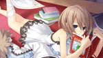  1girl blanc blue_eyes book brown_hair choujigen_game_neptune game_cg lying neptune_(series) on_stomach solo tsunako 