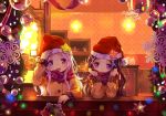  2girls 54hao :d arm_up bangs blush brown_jacket christmas christmas_lights christmas_ornaments commentary english_commentary eyebrows_visible_through_hair forehead hair_ornament hand_on_headwear hat highres indoors jacket long_hair long_sleeves multiple_girls open_mouth original parted_bangs plaid plaid_scarf purple_eyes purple_hair purple_scarf red_hat round_teeth santa_hat scarf siblings sisters smile snowflakes star teeth twins upper_body upper_teeth white_hair x_hair_ornament 