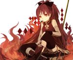  bare_shoulders black_legwear boots bow detached_sleeves fire food hair_bow lemontea long_hair magical_girl mahou_shoujo_madoka_magica mouth_hold pocky polearm ponytail red_eyes red_hair sakura_kyouko sitting smile solo spear thighhighs weapon 