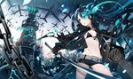  aircraft airplane aqua_hair arm_cannon bikini_top black_hair black_rock_shooter black_rock_shooter_(character) blue_eyes burning_eye creator_connection crossover hatsune_miku katana koi_wa_sensou_(vocaloid) long_hair megaphone midriff multiple_girls scar shorts sword thighhighs twintails very_long_hair vocaloid weapon yuzuki_kihiro 