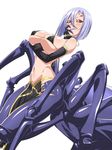  arachne bangs bare_shoulders blush breast_hold breasts carapace chikuishi cleavage covered_nipples detached_sleeves extra_eyes grin groin hair_between_eyes hand_on_own_cheek hand_on_own_face insect_girl large_breasts midriff monster_girl monster_musume_no_iru_nichijou multiple_legs navel pelvic_curtain purple_hair rachnera_arachnera red_eyes sharp_teeth shiny shiny_skin short_hair sideboob simple_background skindentation smile solid_eyes solo spider_girl teeth underboob white_background 