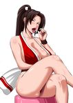  1girl breasts cleavage fatal_fury female large_breasts legs_crossed ml naughty_face ninja open_mouth ponytail sexually_suggestive shiranui_mai simple_background snk solo white_background 
