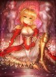  ahoge blonde_hair breasts dress epaulettes fate/extra fate_(series) girlsay greaves green_eyes highres medium_breasts nero_claudius_(fate) nero_claudius_(fate)_(all) red_dress revision see-through solo statue 
