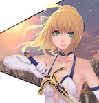  ahoge artoria_pendragon_(all) bad_id bad_pixiv_id blonde_hair bow caliburn elbow_gloves fate/stay_night fate_(series) gloves green_eyes hair_bow mizu_(dl7613) ponytail saber solo sword weapon 