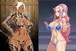  armor bikini bikini_armor blue_eyes breasts character_request dark_skin demon_horns dokidoki!_precure enoshima_iki horns huge_breasts long_hair marie_ange multiple_girls pink_hair precure swimsuit sword very_long_hair weapon 