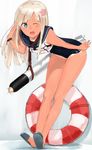  blonde_hair blush japanese_flag kantai_collection lifebuoy long_hair one-piece_swimsuit one_eye_closed open_mouth poco_(backboa) propeller ro-500_(kantai_collection) school_swimsuit solo swimsuit tan tanline torpedo 