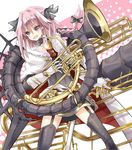  astolfo_(fate) braid fang fate/apocrypha fate_(series) garter_straps highres horn_(instrument) la_black_luna male_focus otoko_no_ko pink_hair purple_eyes single_braid zhu_xiang 