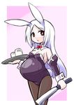  animal_ears billhook bow bowtie breasts bunny_ears bunny_girl bunny_tail bunnysuit cleavage commentary_request detached_collar drink kugelschreiber long_hair medium_breasts original pantyhose pregnant red_eyes simple_background solo tail tray white_hair wrist_cuffs 