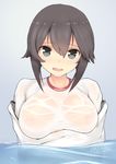  2015 black_eyes black_hair blush breasts covered_nipples dated gym_shirt hayasui_(kantai_collection) jacket kantai_collection kuavera large_breasts looking_at_viewer open_mouth partially_submerged see-through shirt short_hair signature simple_background smile solo track_jacket wet wet_clothes 
