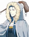  ame_(conronca) bad_id bad_pixiv_id blue_hair cape cu_chulainn_(fate/grand_order) fate/grand_order fate_(series) hood lancer male_focus solo staff 